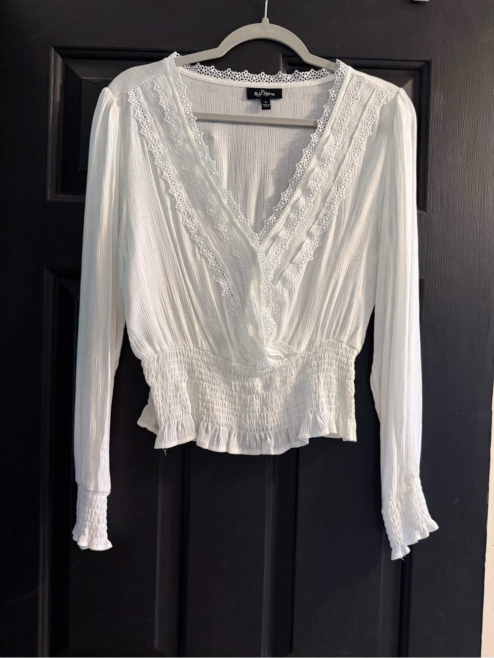 Self Esteem White Lace-Trim Smocked Peplum Blouse